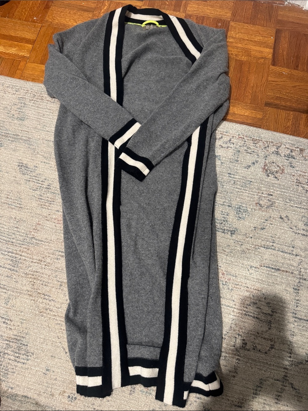 Brodie Cashmere Gray Open-Front Long Cardigan with Black & White Trim